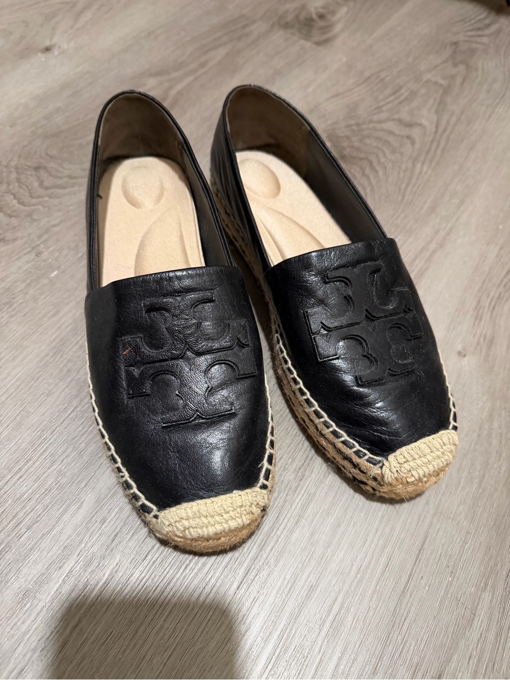 Tory Burch Black Leather Espadrille Slip-On Loafers with Woven Toe